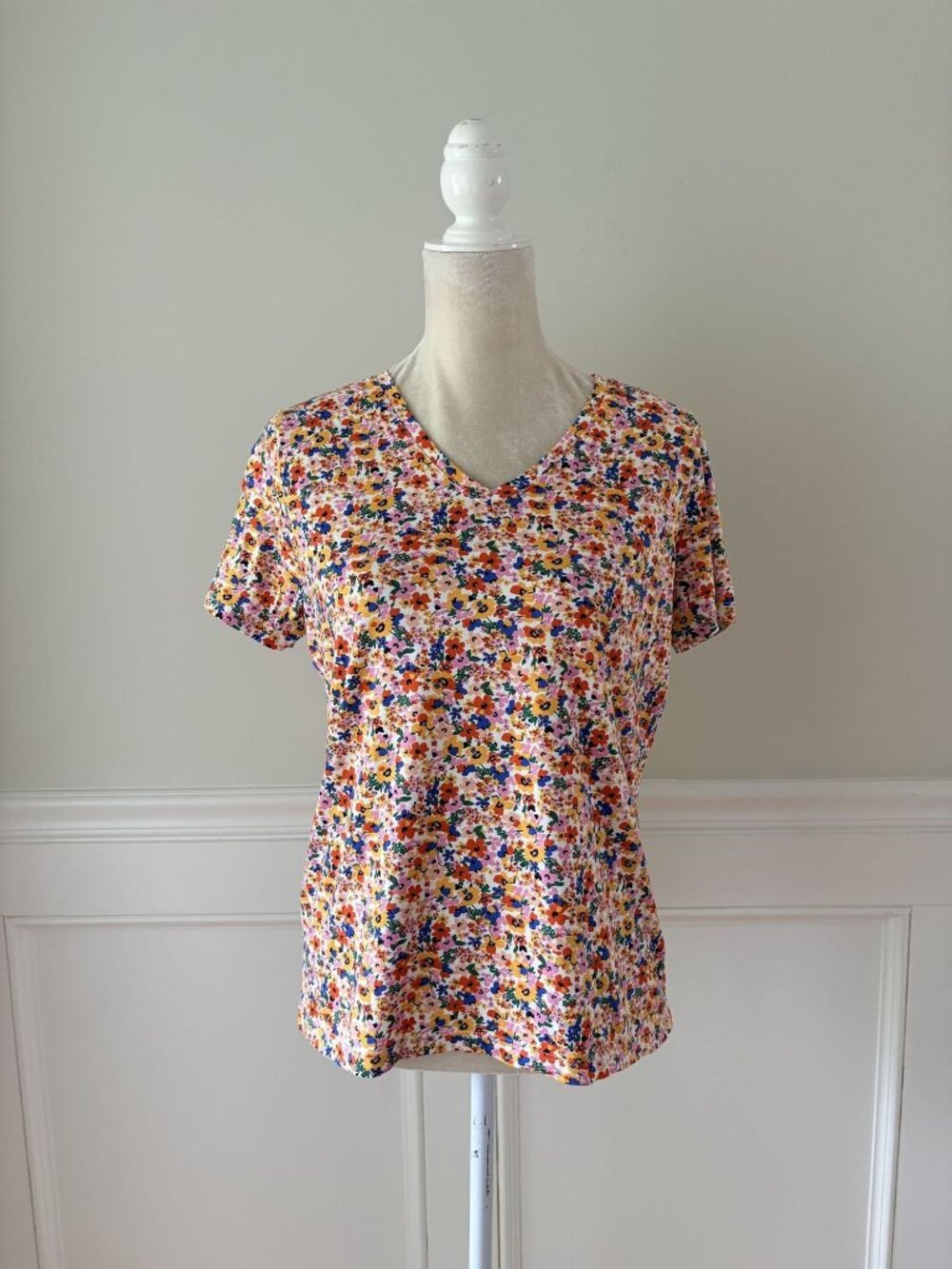 Lands End Womens Floral Print Short Sleeve V-Neck Cotton Top Size S